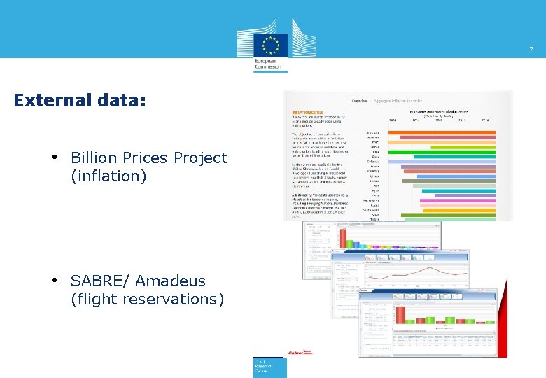 7 External data: • Billion Prices Project (inflation) • SABRE/ Amadeus (flight reservations) 