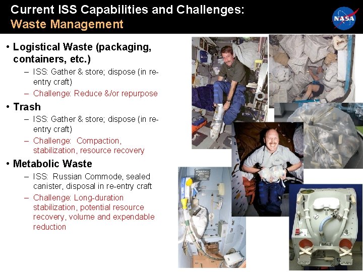 Current ISS Capabilities and Challenges: Waste Management • Logistical Waste (packaging, containers, etc. ) Current ISS Capabilities and Challenges: Waste Management • Logistical Waste (packaging, containers, etc. )