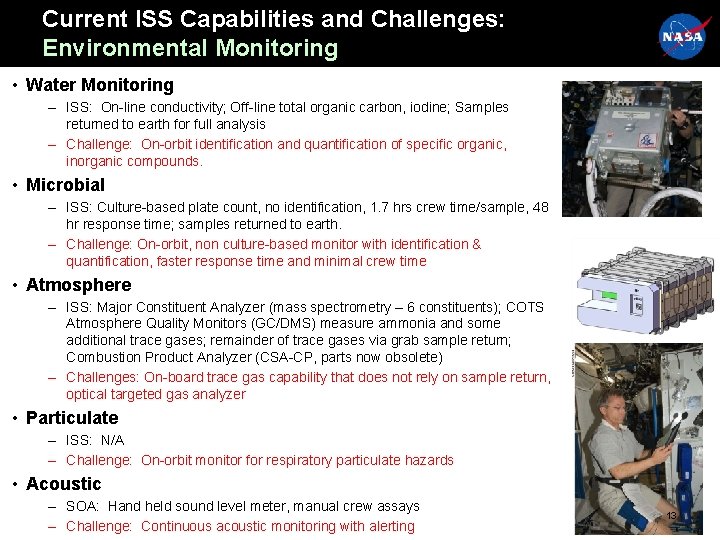 Current ISS Capabilities and Challenges: Environmental Monitoring • Water Monitoring – ISS: On-line conductivity; Current ISS Capabilities and Challenges: Environmental Monitoring • Water Monitoring – ISS: On-line conductivity;