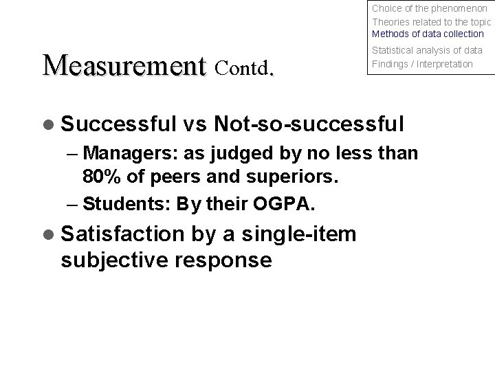 Choice of the phenomenon Theories related to the topic Methods of data collection Measurement