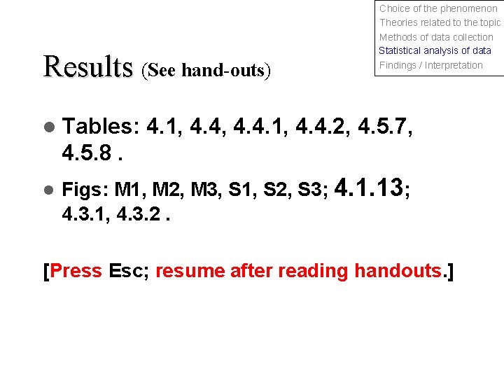 Results (See hand-outs) l Tables: Choice of the phenomenon Theories related to the topic