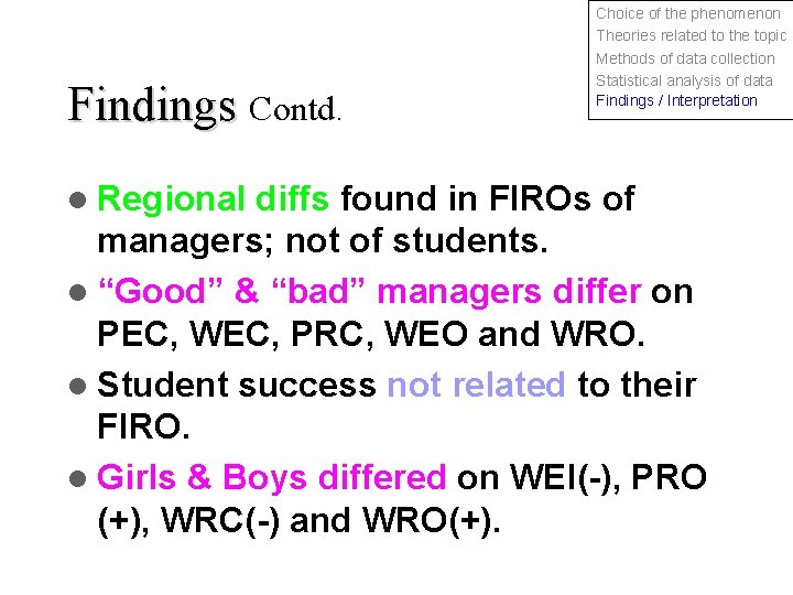 Findings Contd. l Regional Choice of the phenomenon Theories related to the topic Methods