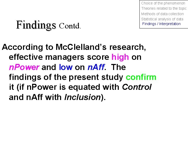 Findings Contd. Choice of the phenomenon Theories related to the topic Methods of data