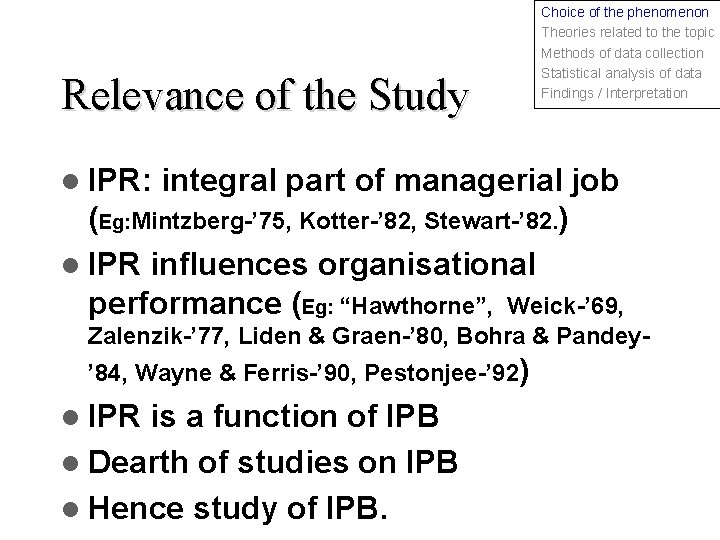 Relevance of the Study Choice of the phenomenon Theories related to the topic Methods