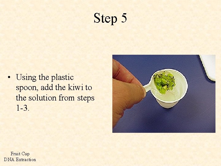 Step 5 • Using the plastic spoon, add the kiwi to the solution from