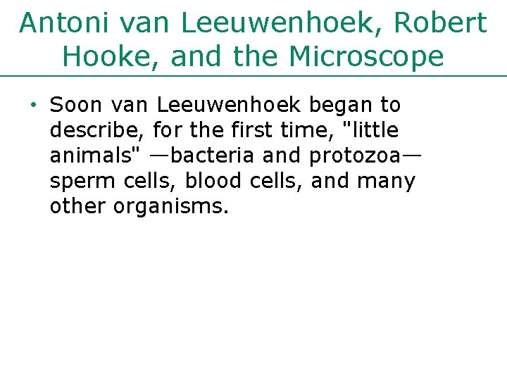 Antoni van Leeuwenhoek, Robert Hooke, and the Microscope • Soon van Leeuwenhoek began to