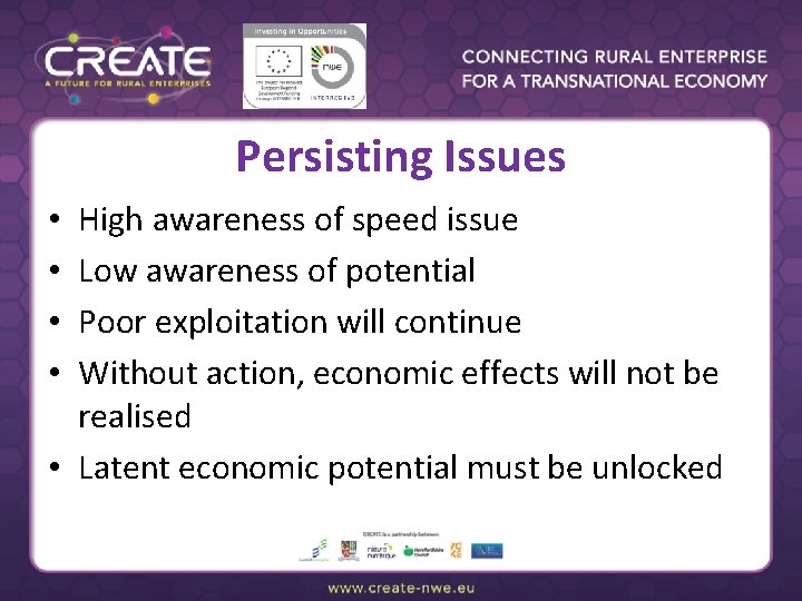 Persisting Issues High awareness of speed issue Low awareness of potential Poor exploitation will