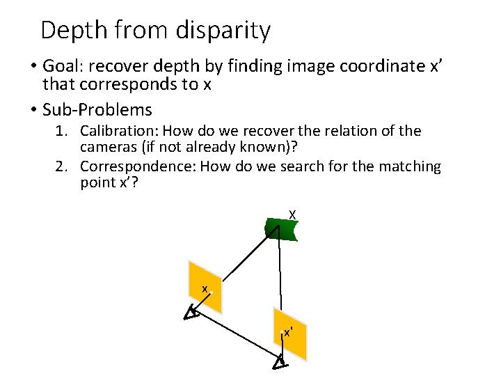 Depth from disparity • Goal: recover depth by finding image coordinate x’ that corresponds