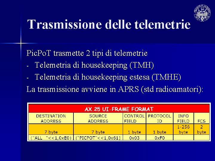 Trasmissione delle telemetrie Pic. Po. T trasmette 2 tipi di telemetrie - Telemetria di