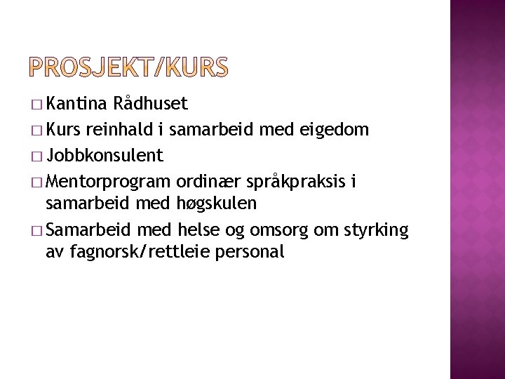 � Kantina Rådhuset � Kurs reinhald i samarbeid med eigedom � Jobbkonsulent � Mentorprogram