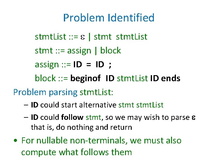 Problem Identified stmt. List : : = | stmt. List stmt : : =