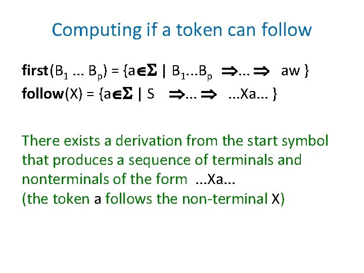 Computing if a token can follow first(B 1. . . Bp) = {a |