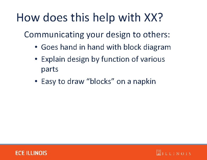 How does this help with XX? Communicating your design to others: • Goes hand