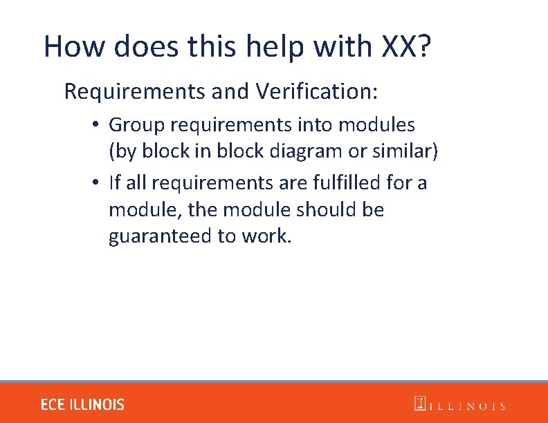 How does this help with XX? Requirements and Verification: • Group requirements into modules