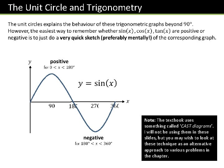 The Unit Circle and Trigonometry Note: The textbook uses something called ‘CAST diagrams’. I