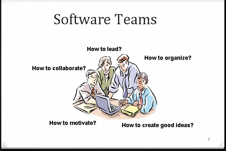 Software Teams How to lead? How to organize? How to collaborate? How to motivate?