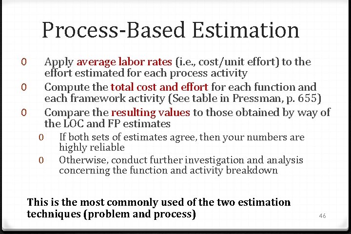 Process-Based Estimation Apply average labor rates (i. e. , cost/unit effort) to the effort
