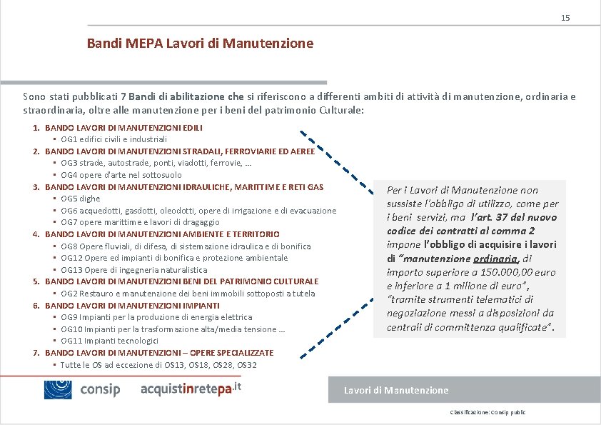 15 Bandi MEPA Lavori di Manutenzione Sono stati pubblicati 7 Bandi di abilitazione che