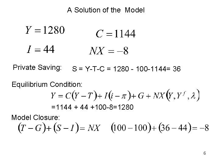 A Solution of the Model Private Saving: S = Y-T-C = 1280 - 100
