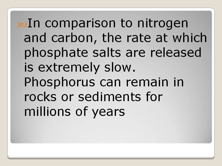  In comparison to nitrogen and carbon, the rate at which phosphate salts are