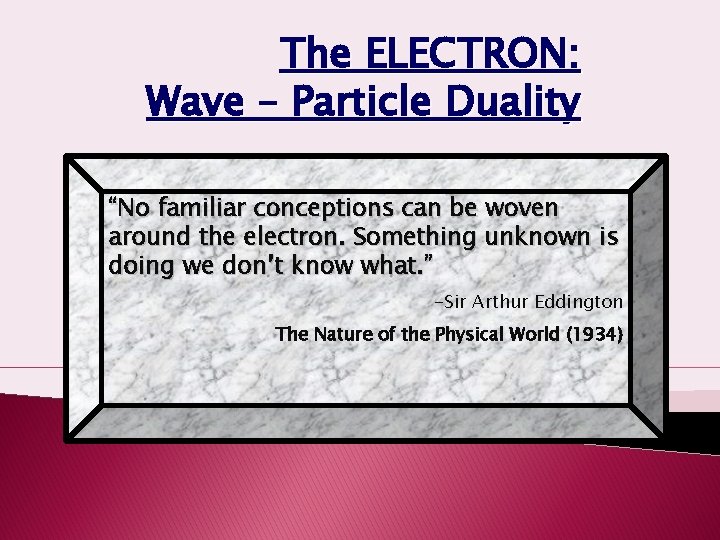 The ELECTRON: Wave – Particle Duality “No familiar conceptions can be woven around the