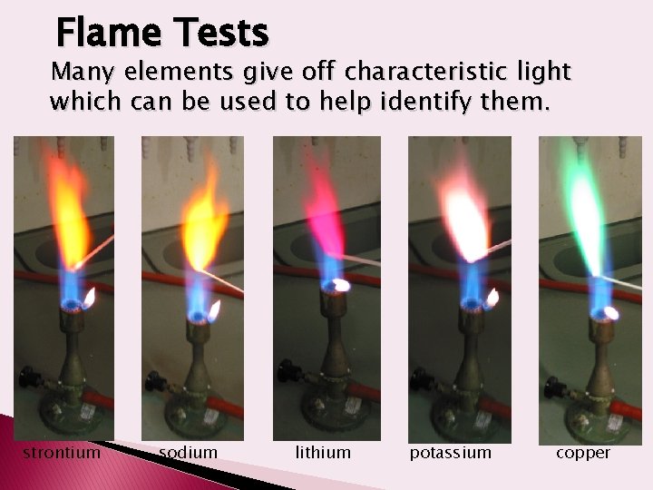 Flame Tests Many elements give off characteristic light which can be used to help
