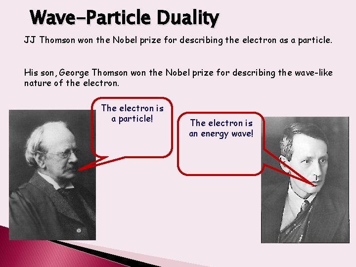 Wave-Particle Duality JJ Thomson won the Nobel prize for describing the electron as a