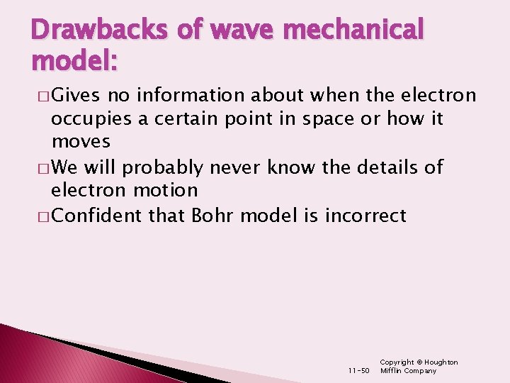 Drawbacks of wave mechanical model: � Gives no information about when the electron occupies