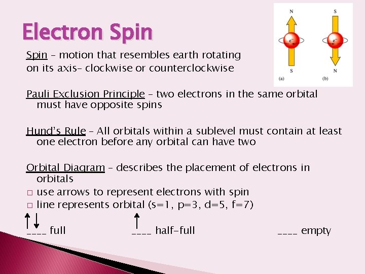 Electron Spin – motion that resembles earth rotating on its axis– clockwise or counterclockwise