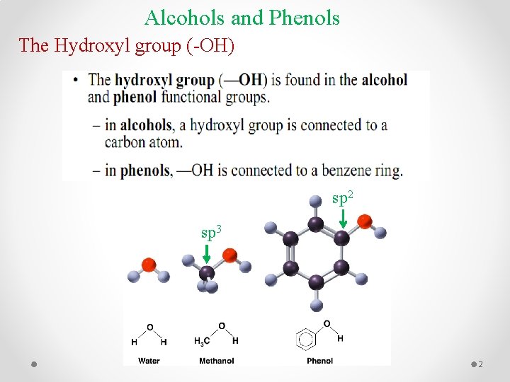 Alcohols and Phenols The Hydroxyl group (-OH) sp 2 sp 3 2 