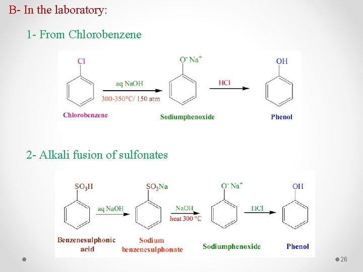 B- In the laboratory: 1 - From Chlorobenzene 2 - Alkali fusion of sulfonates