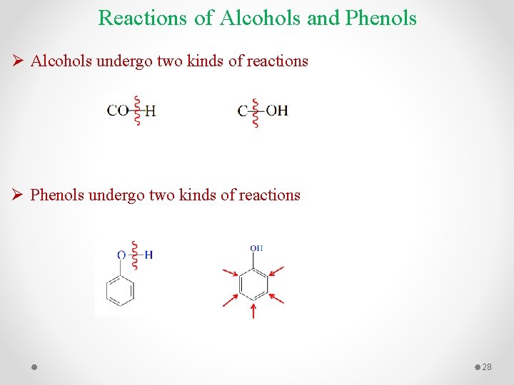 Reactions of Alcohols and Phenols Ø Alcohols undergo two kinds of reactions Ø Phenols