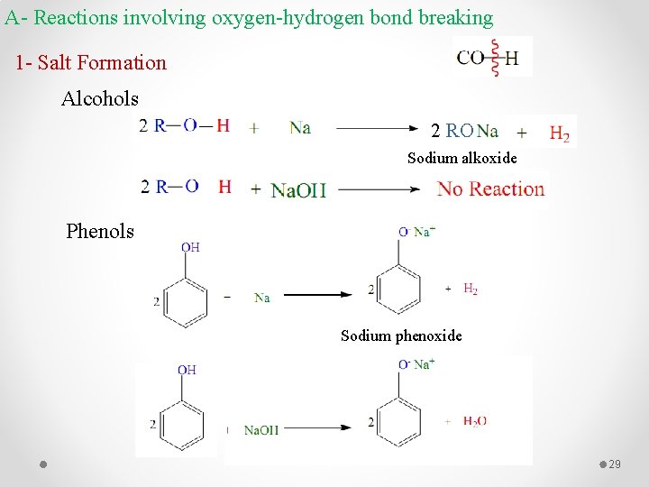 A- Reactions involving oxygen-hydrogen bond breaking 1 - Salt Formation Alcohols 2 RO Sodium