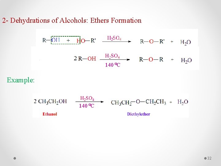 2 - Dehydrations of Alcohols: Ethers Formation 140 ⁰C Example: 140 ⁰C 32 