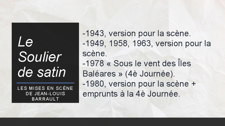 Le Soulier de satin LES MISES EN SCÈNE DE JEAN-LOUIS BARRAULT -1943, version pour