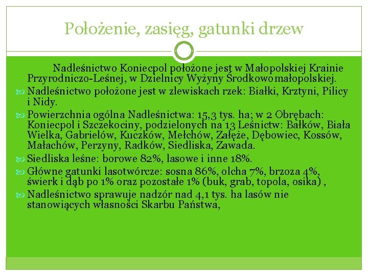 Położenie, zasięg, gatunki drzew Nadleśnictwo Koniecpol położone jest w Małopolskiej Krainie Przyrodniczo-Leśnej, w Dzielnicy