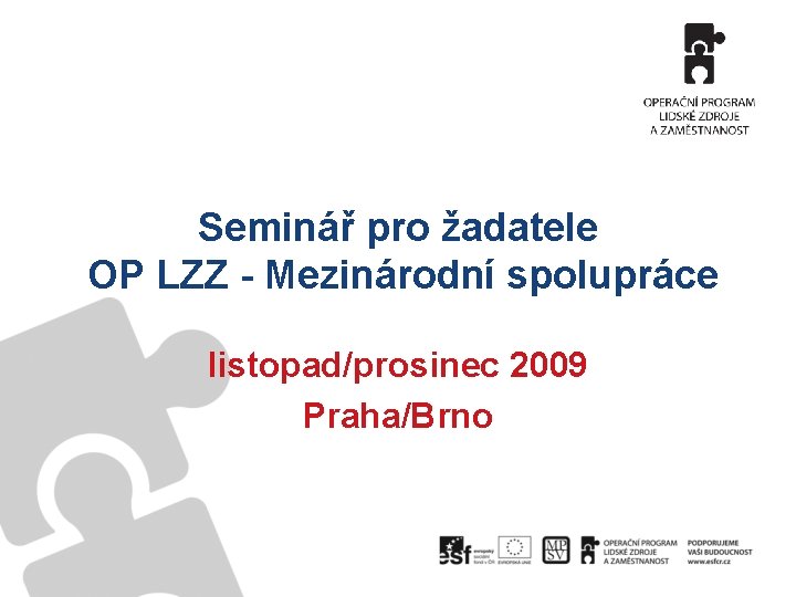 Seminář pro žadatele OP LZZ - Mezinárodní spolupráce listopad/prosinec 2009 Praha/Brno 