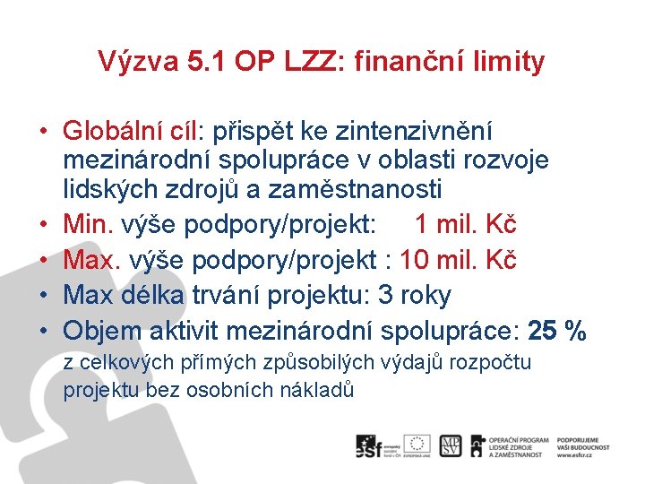 Výzva 5. 1 OP LZZ: finanční limity • Globální cíl: přispět ke zintenzivnění mezinárodní