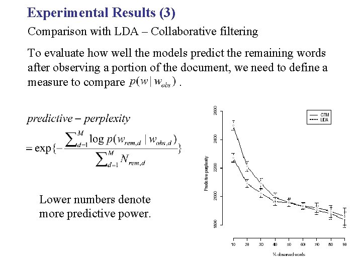 Experimental Results (3) Comparison with LDA – Collaborative filtering To evaluate how well the