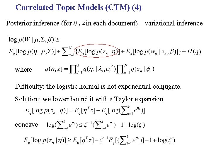 Correlated Topic Models (CTM) (4) Posterior inference (for in each document) – variational inference