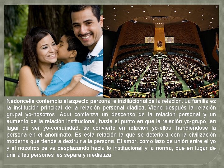 Nédoncelle contempla el aspecto personal e institucional de la relación. La familia es la
