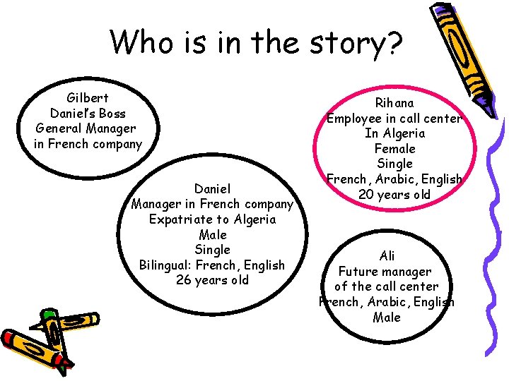 Who is in the story? Gilbert Daniel’s Boss General Manager in French company Daniel