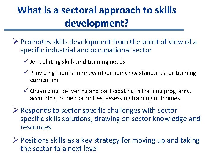 What is a sectoral approach to skills development? Ø Promotes skills development from the