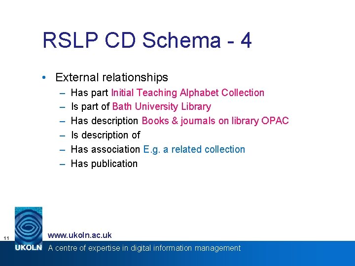 RSLP CD Schema - 4 • External relationships – – – 11 Has part