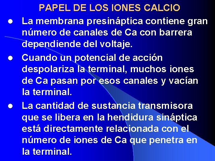 PAPEL DE LOS IONES CALCIO l La membrana presináptica contiene gran número de canales