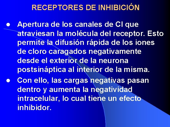 RECEPTORES DE INHIBICIÓN Apertura de los canales de Cl que atraviesan la molécula del