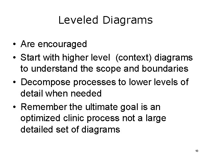 Leveled Diagrams • Are encouraged • Start with higher level (context) diagrams to understand