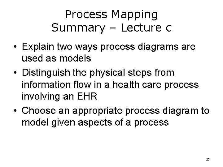 Process Mapping Summary – Lecture c • Explain two ways process diagrams are used