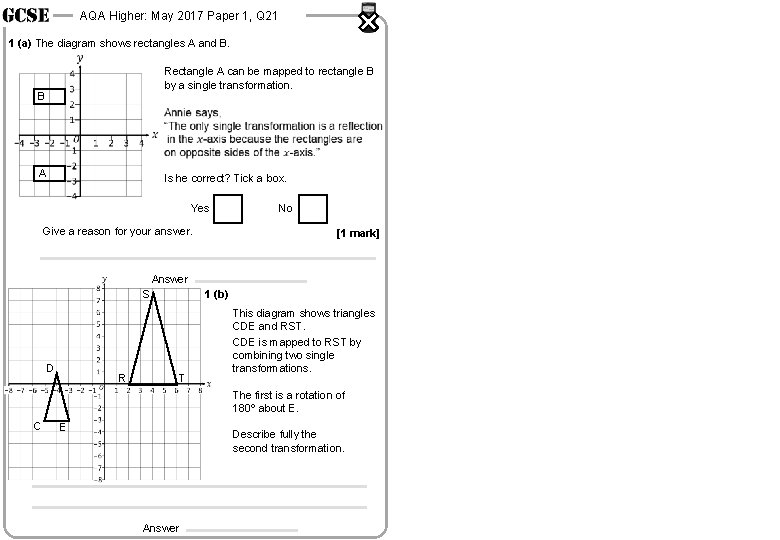 AQA Higher: May 2017 Paper 1, Q 21 1 (a) The diagram shows rectangles