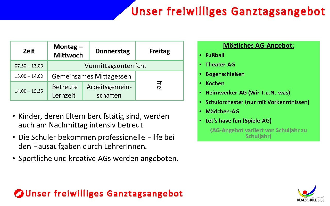 Unser freiwilliges Ganztagsangebot Zeit 07. 50 – 13. 00 – 14. 00 Donnerstag Vormittagsunterricht